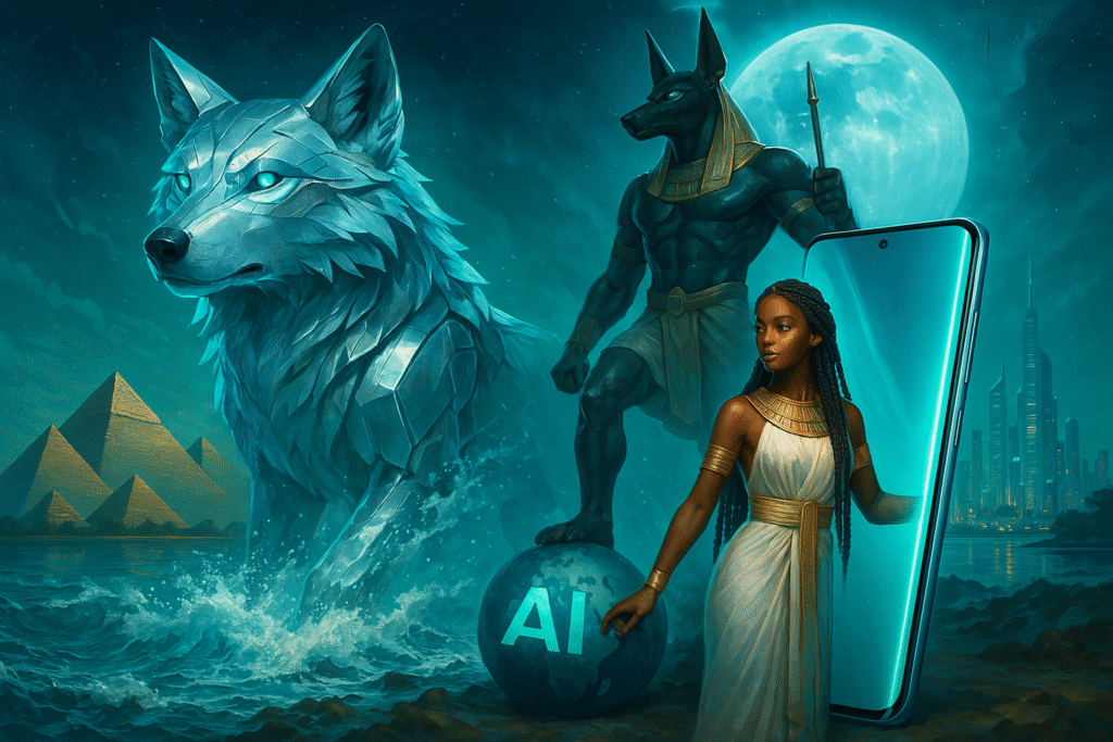 A majestic silver-white metallic wolf stomps on a giant, slim Galaxy S25 Edge, against a backdrop of a modern city and golden pyramids under a giant moon. Turquoise colors and stunning neon lighting. High-resolution image. 675 pixels wide and 450 pixels high.