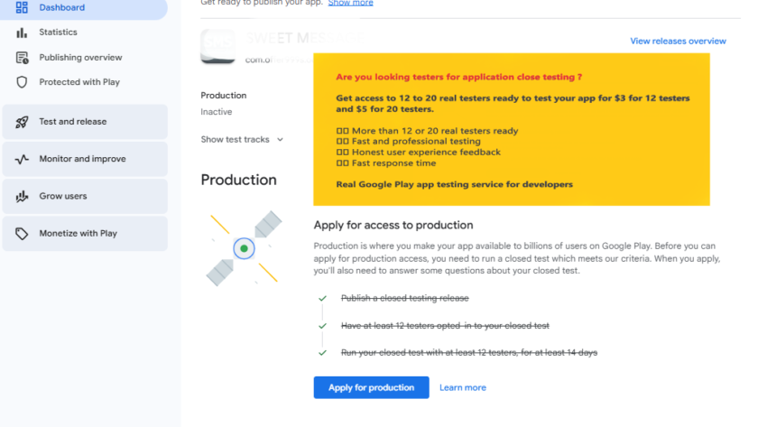Real Google Play app testing service for developers $5