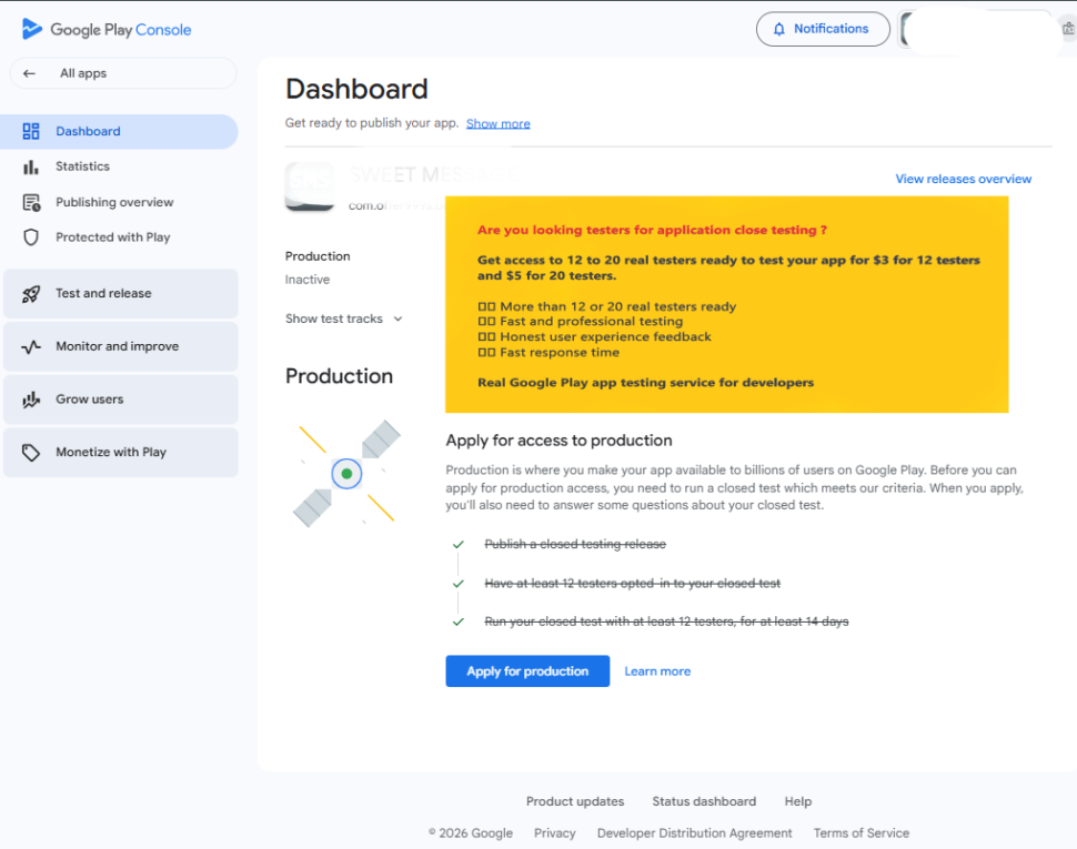 Real Google Play app testing service for developers $5